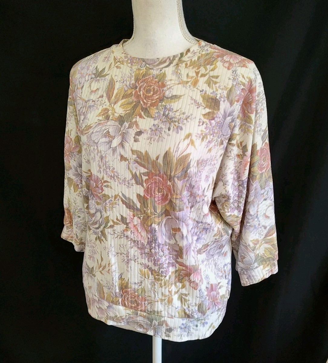80’s Vintage Shirt Rib Knit Top Westbourne Floral Romantic Slouchy 3/4 Sleeve L