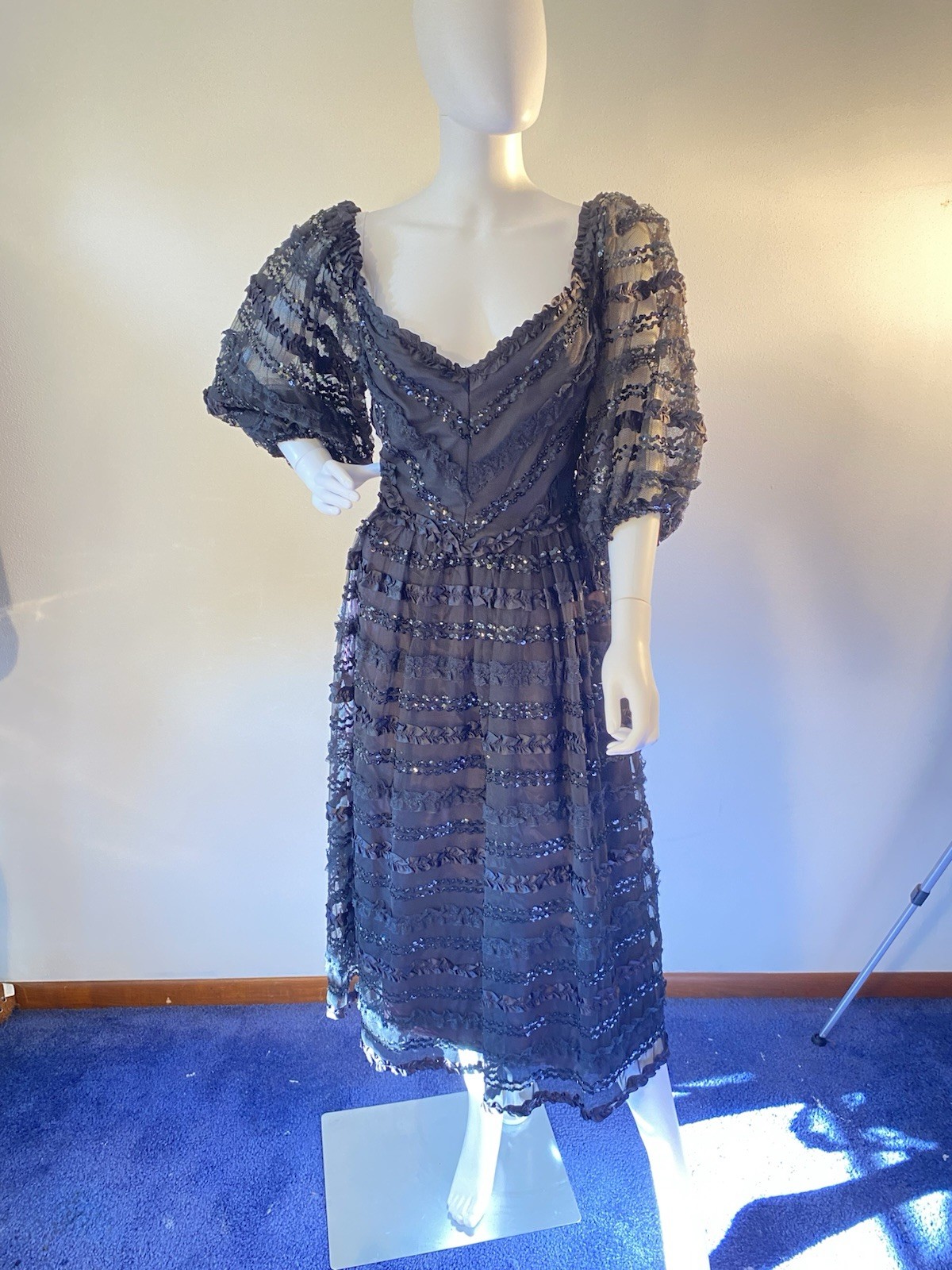 Vintage Lillie Rubin 1970’s Fit And Flair Sequin And Sheer Overlay Gown, Ex Con