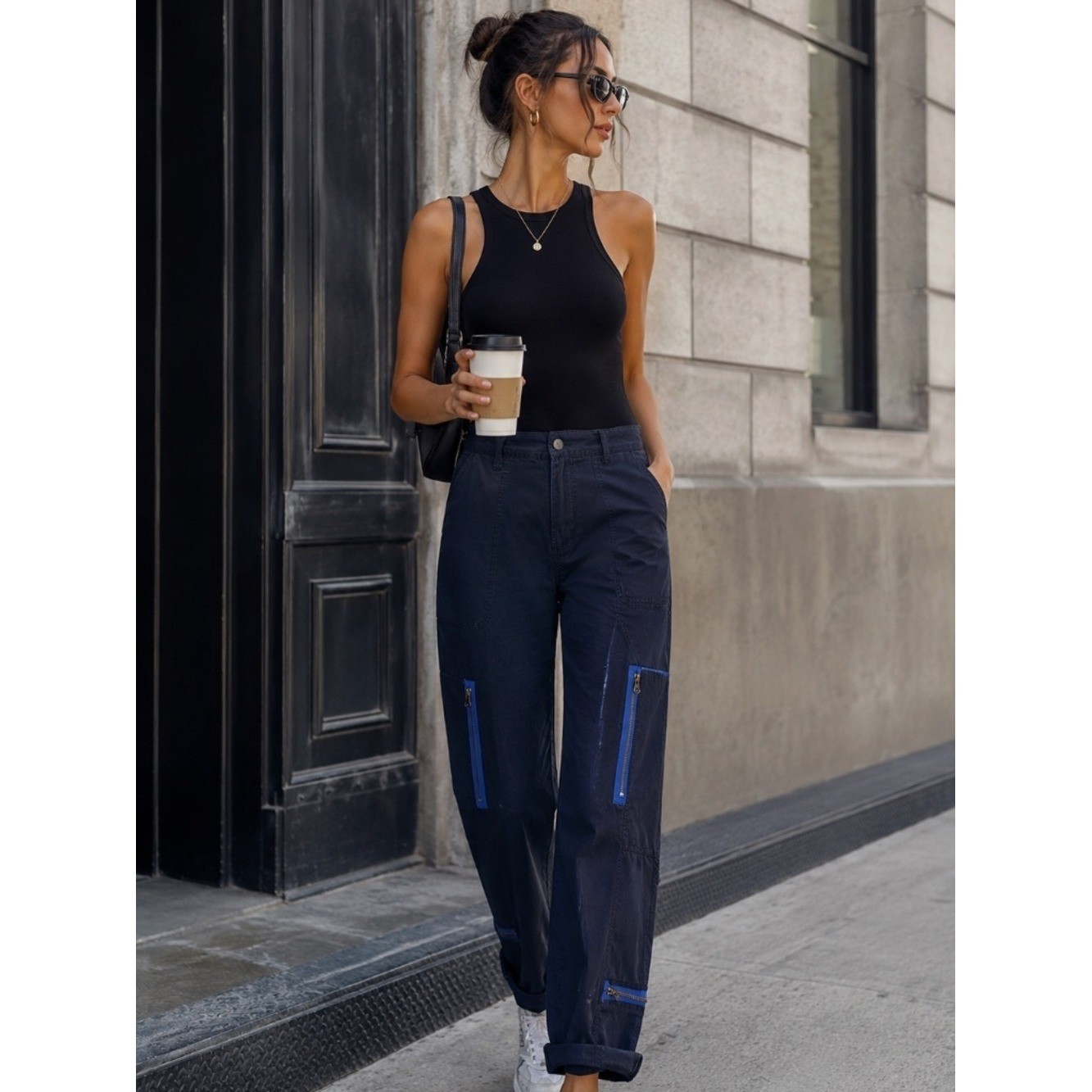 Vintage Ralph Lauren utility cargo pants with striking cobalt blue zipper accent