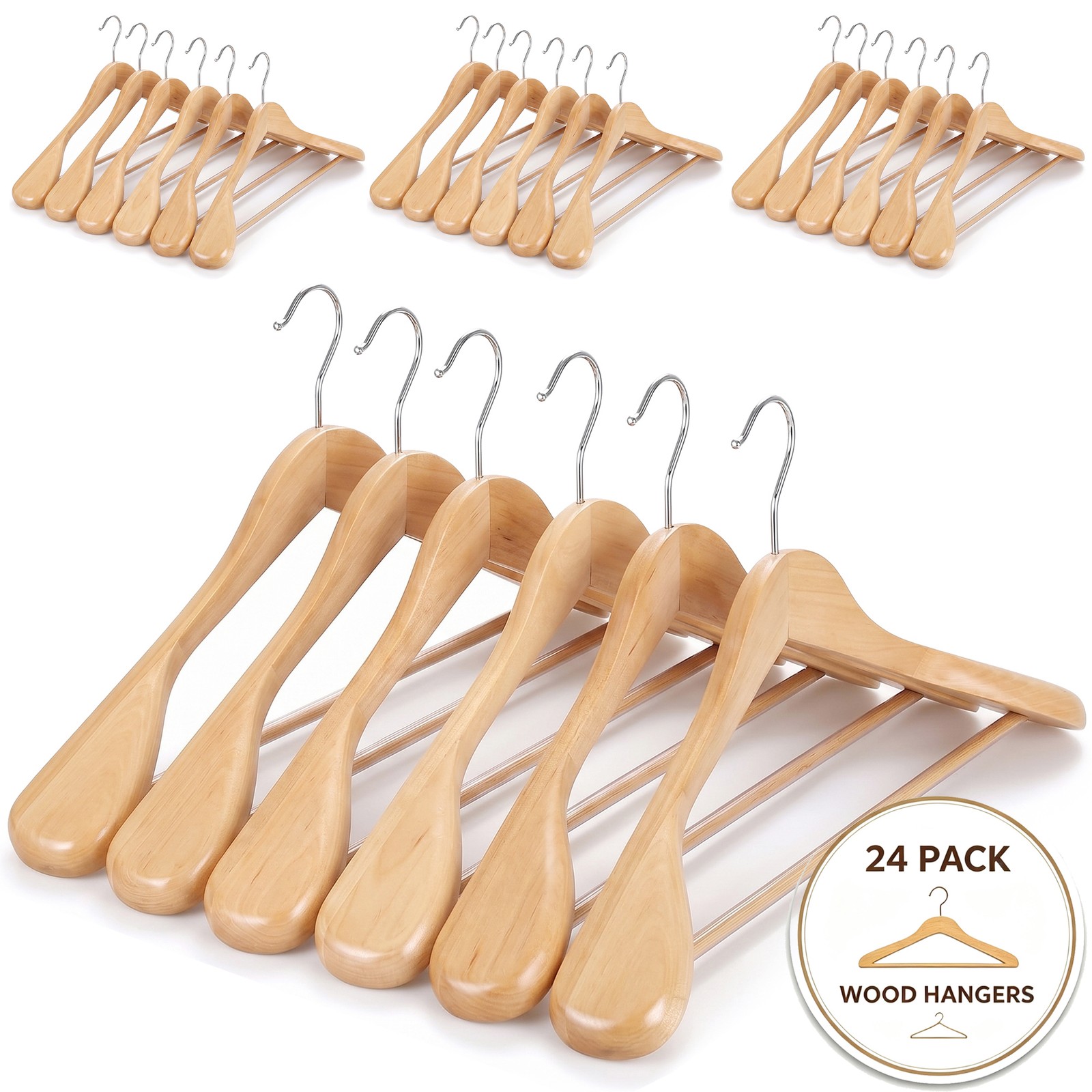 24 Pack Non-Slip Wood Suit Hangers with 360° Hook for Closet & Wardrobe Natural