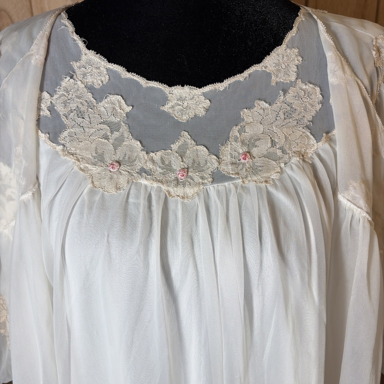 Vintage Kayser Peignoir Set White Nylon Lace Nightgown Robe USA Women’s S