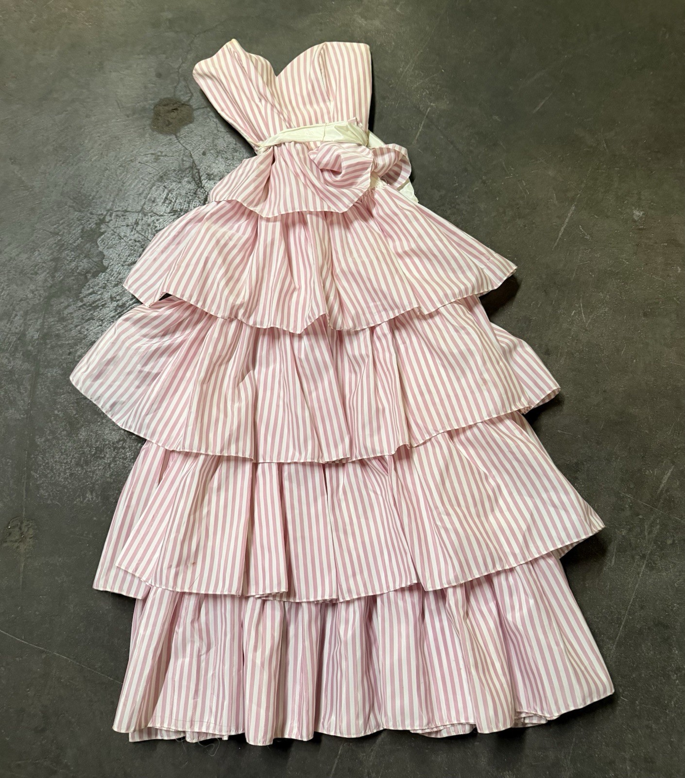 Vintage 1980s TD4 Derby Pin Stripe Pink Strapless Ruffle Tiered Dress