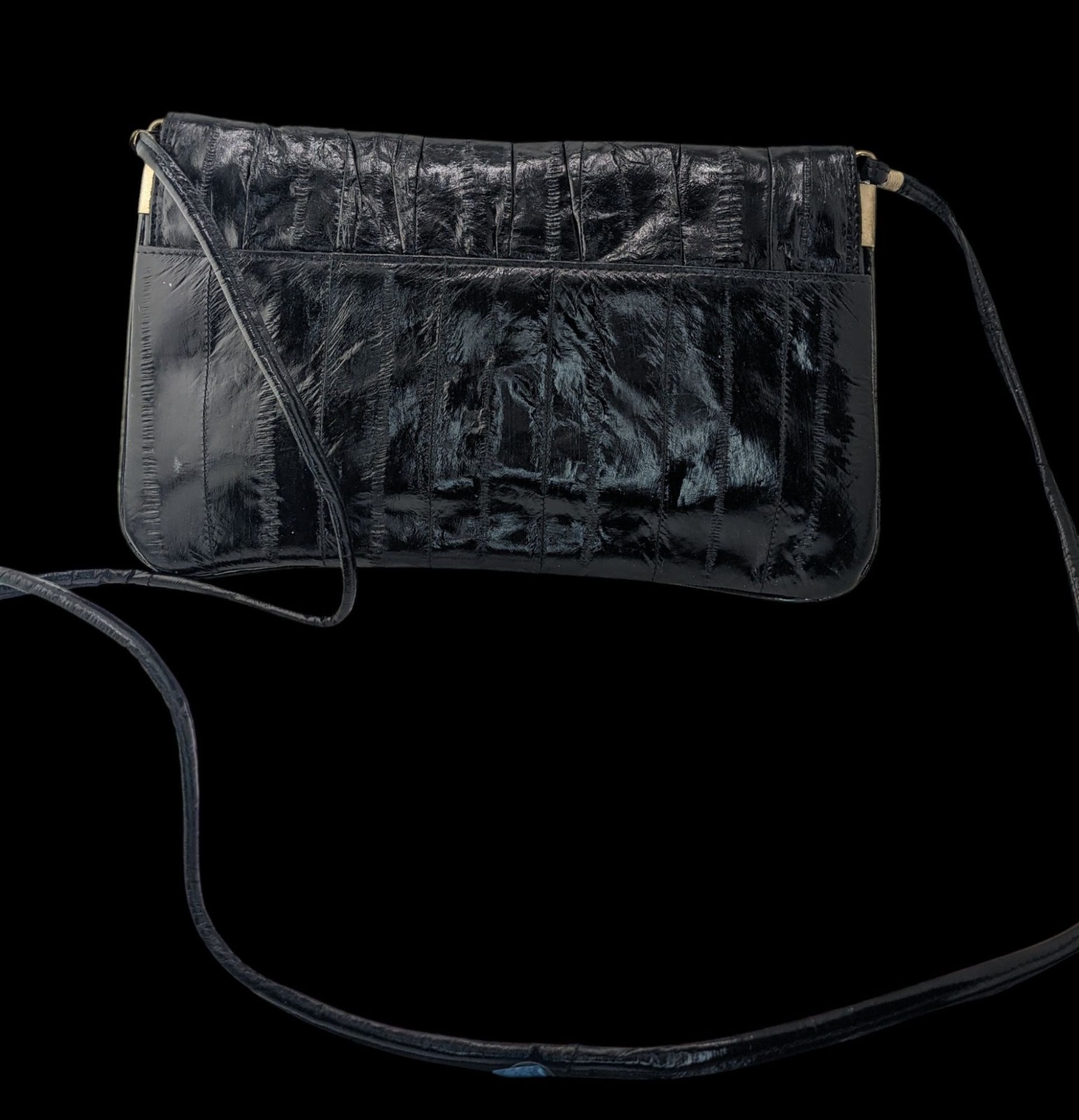 Vintage 80s Genuine Eel Skin Black Clutch Purse With 22-Inch Strap Drop Korean C
