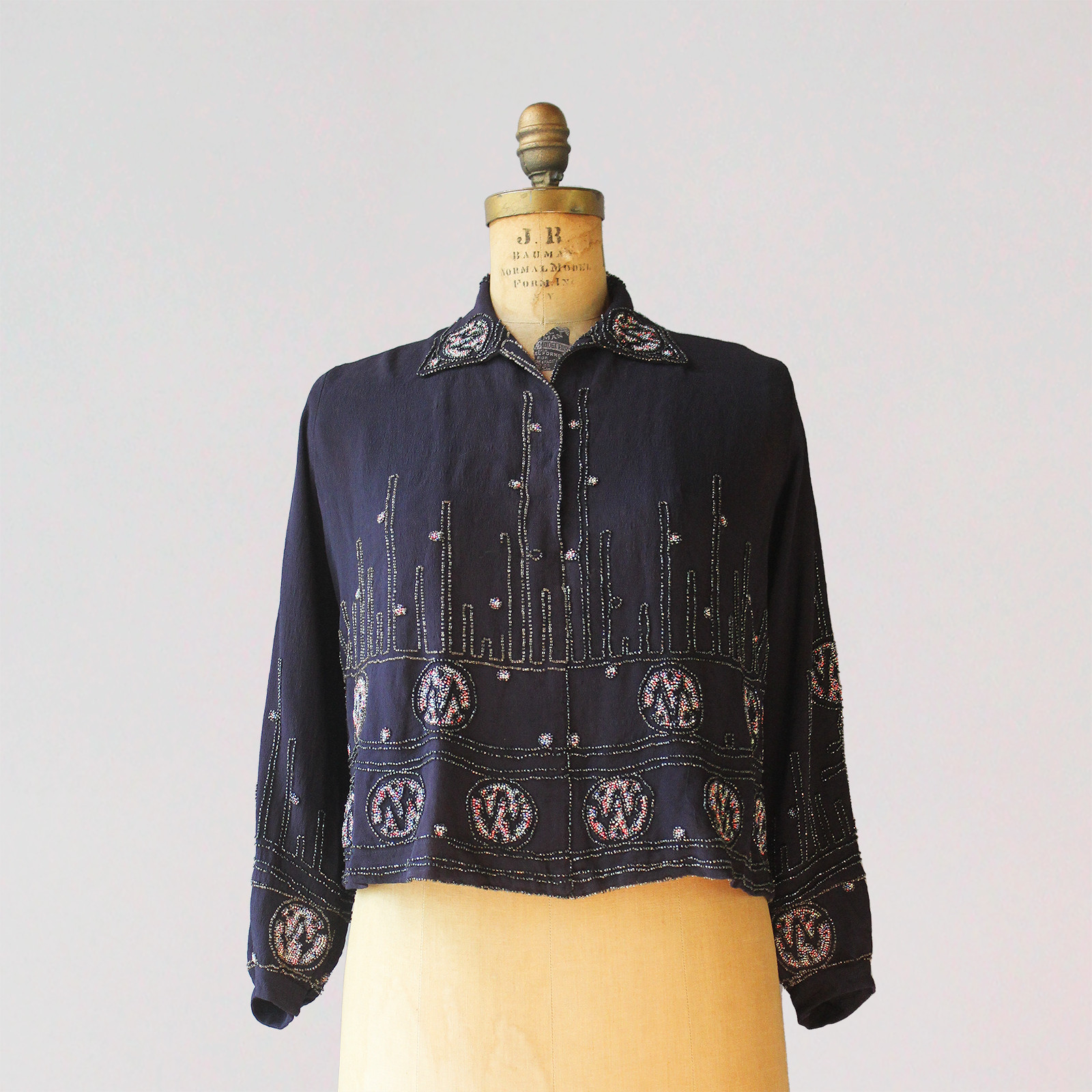 Antique 1920s Art Deco Heavily Beaded Blouse Navy Blue 20s Women’s Top M L