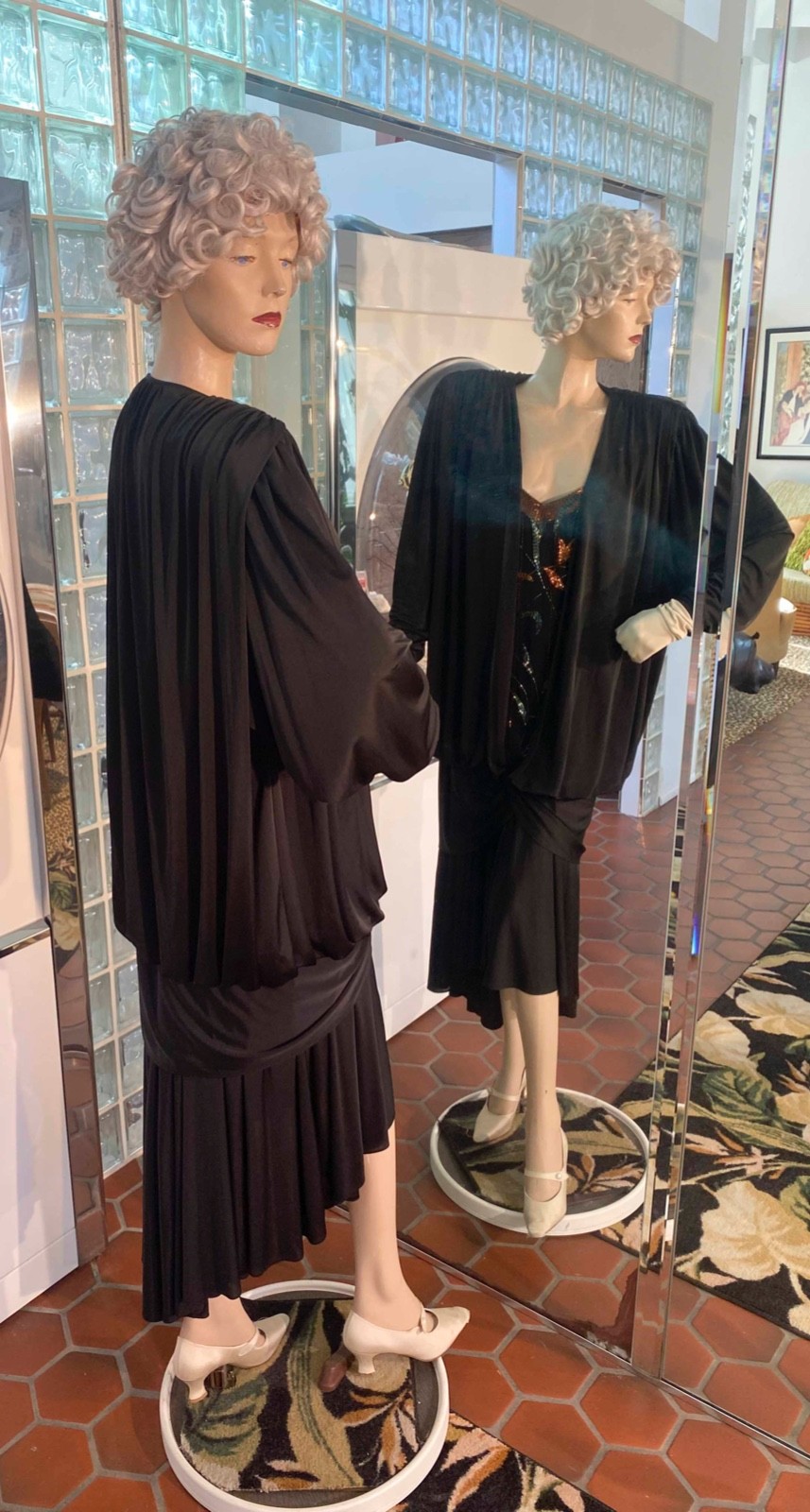 Black Art Deco Dress Beaded Drop Waist Draped Gatsby Flapper L VTG 80s Casadei
