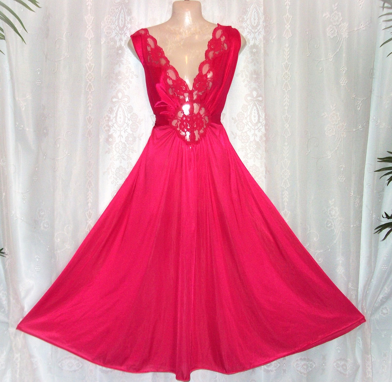 1X-2X,Hot pink,long vintage nightgown,silky nylon,spandex,shiny,negligee,nightie
