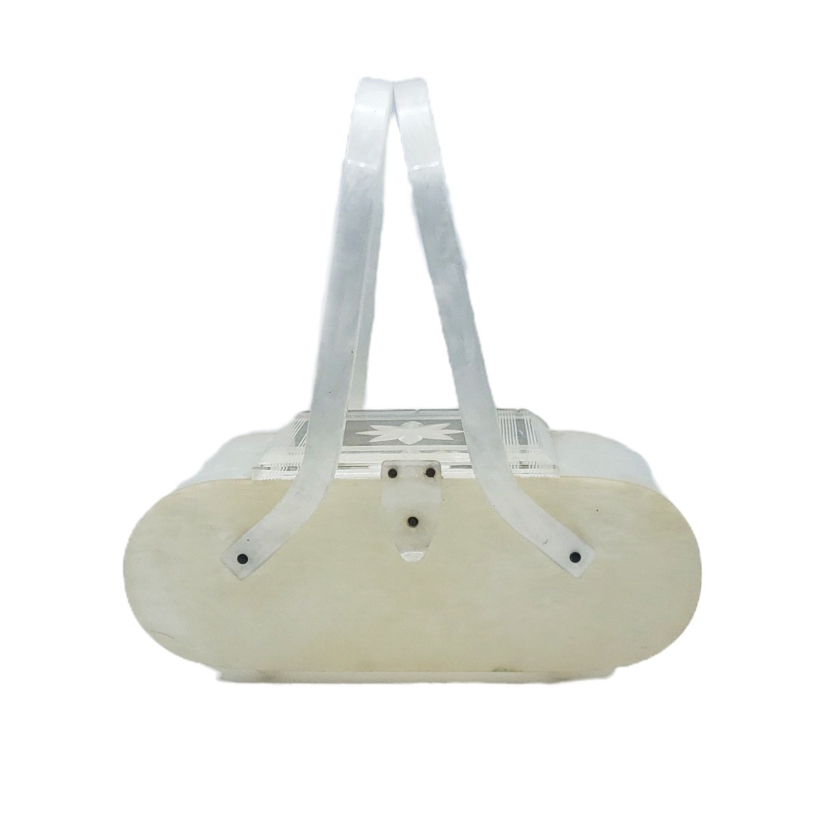 Vtg 1950s Lucite Box Purse White Pearlized Marbled Acrylic Clear Carved Lid MCM