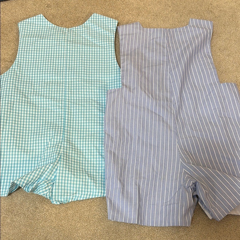 Blue and White Gingham and Striped Rompers