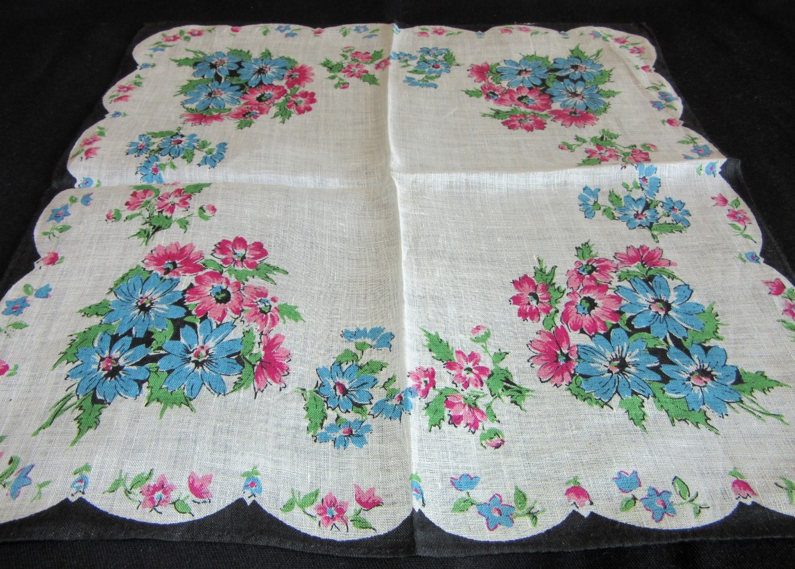 Vintage Hankie Irish Linen Floral Black Border Best Seller Hand Rolled