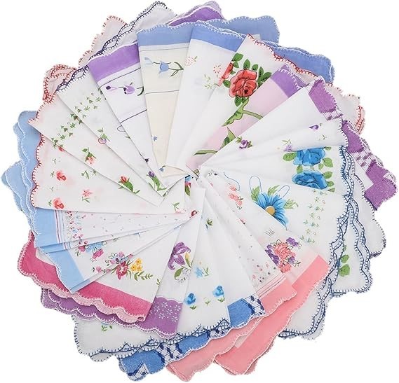 20Pcs Lady Handkerchiefs,100% Cotton Soft Pocket Square, Vintage Flower Hankies