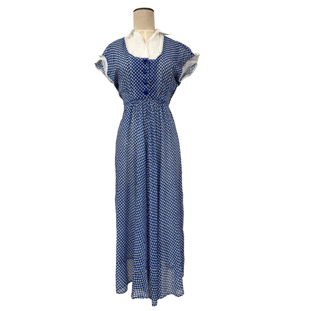 Vintage 1940s Blue & White Printed Semi Sheer A-line Day Dress
