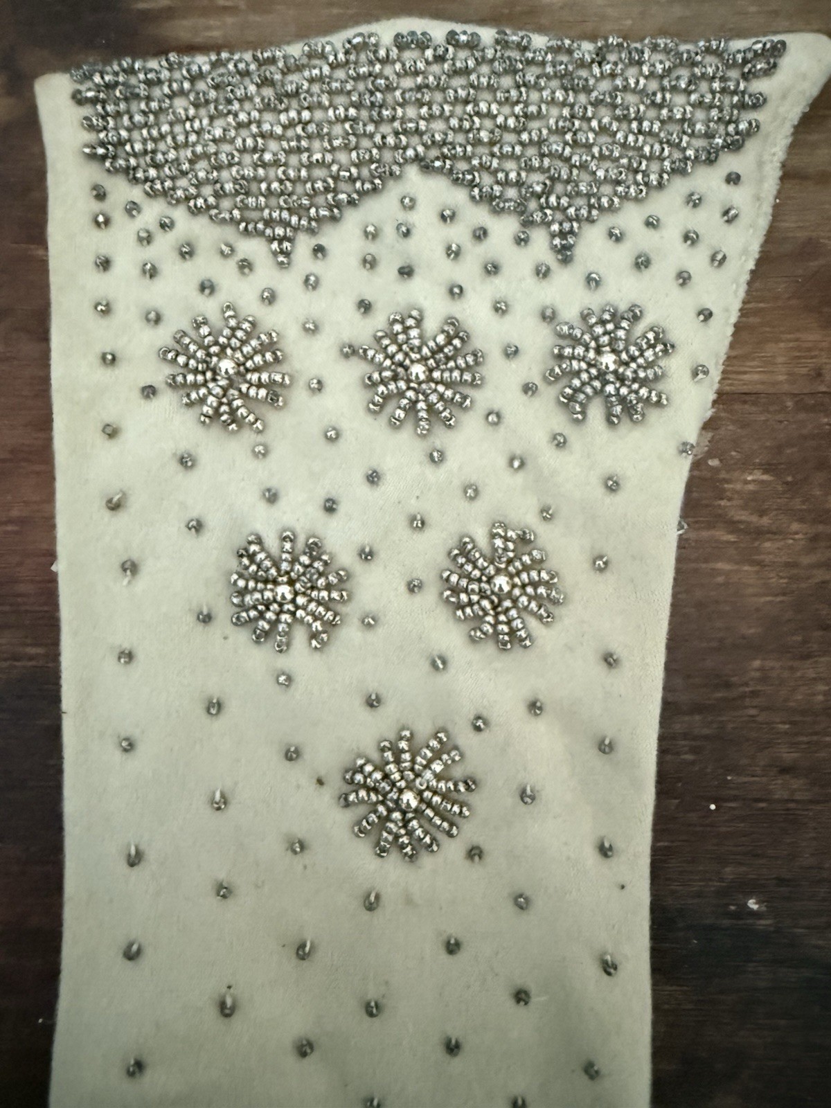 Vintage 1950s Beaded Opera Gloves Cream White Silver Starburst Mid Century MCM