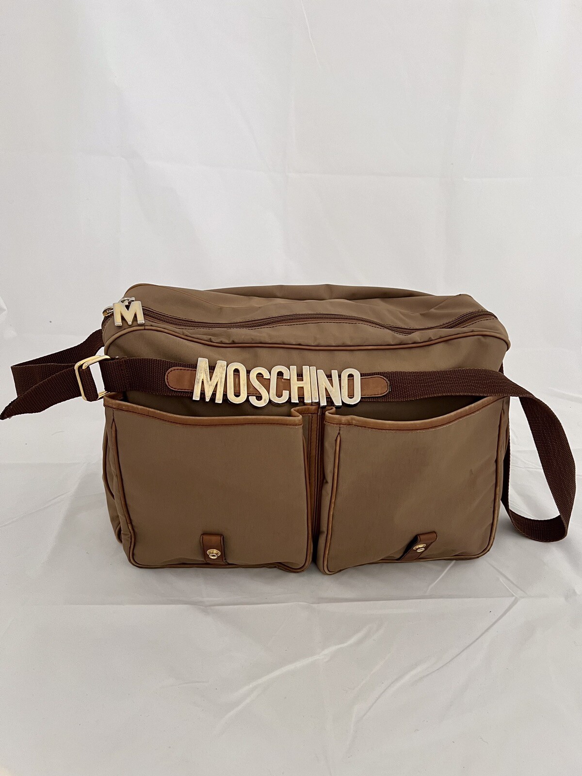 Vintage Moschino Nylon Large Brown Unisex Messenger Bag by Redwall (17″X 14″)