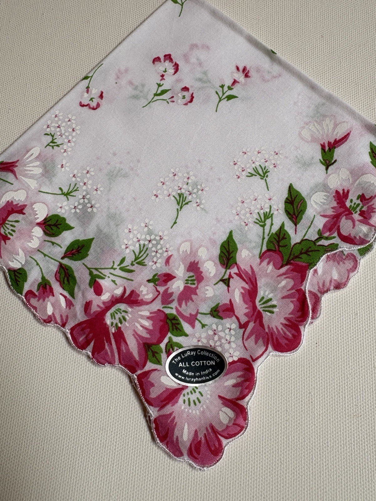 Beautiful New LuRay Pink Azalea Handkerchief Hankie With Scalloped Border