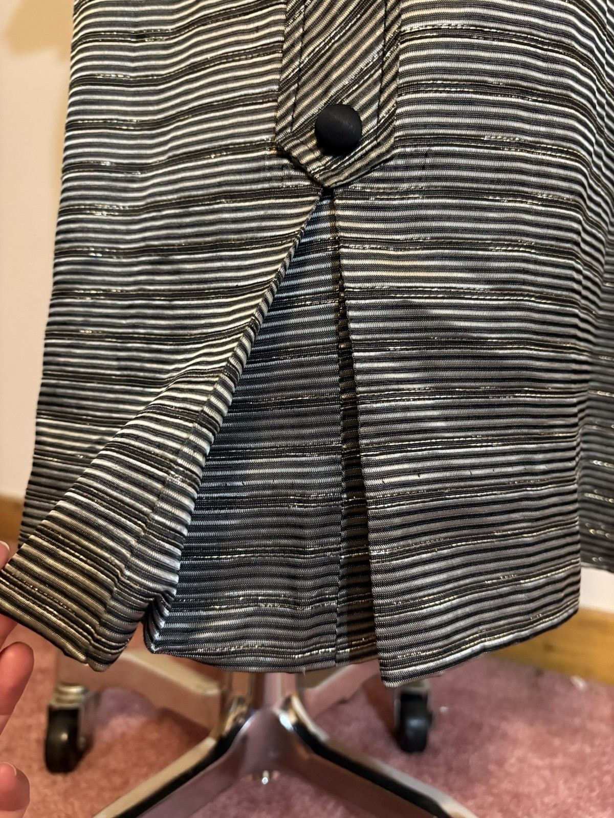 Vintage 1950s Women’s Black & Silver Striped Button Up Dress Dolman Sleeves