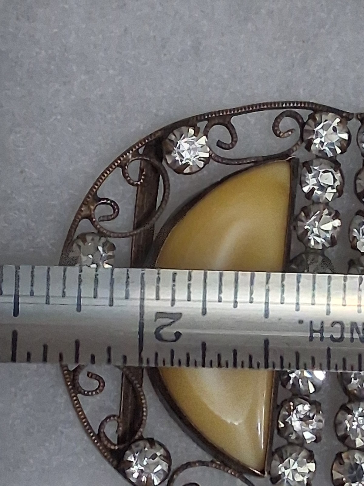 Antique Czechoslovakia belt buckle, yellow bohemian glass & crystals, filigree