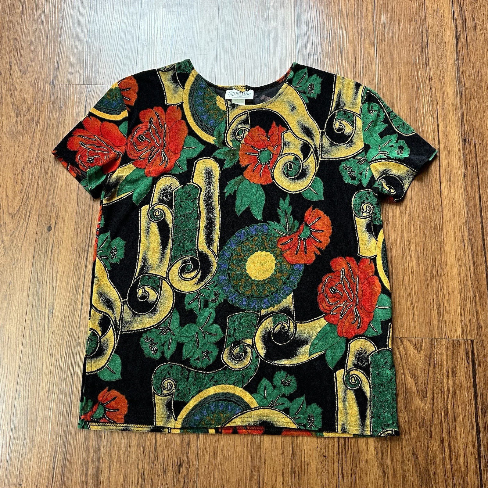 Vintage 90s Superline Top Floral Abstract Colorful Slinky Artsy Retro Shirt L/XL