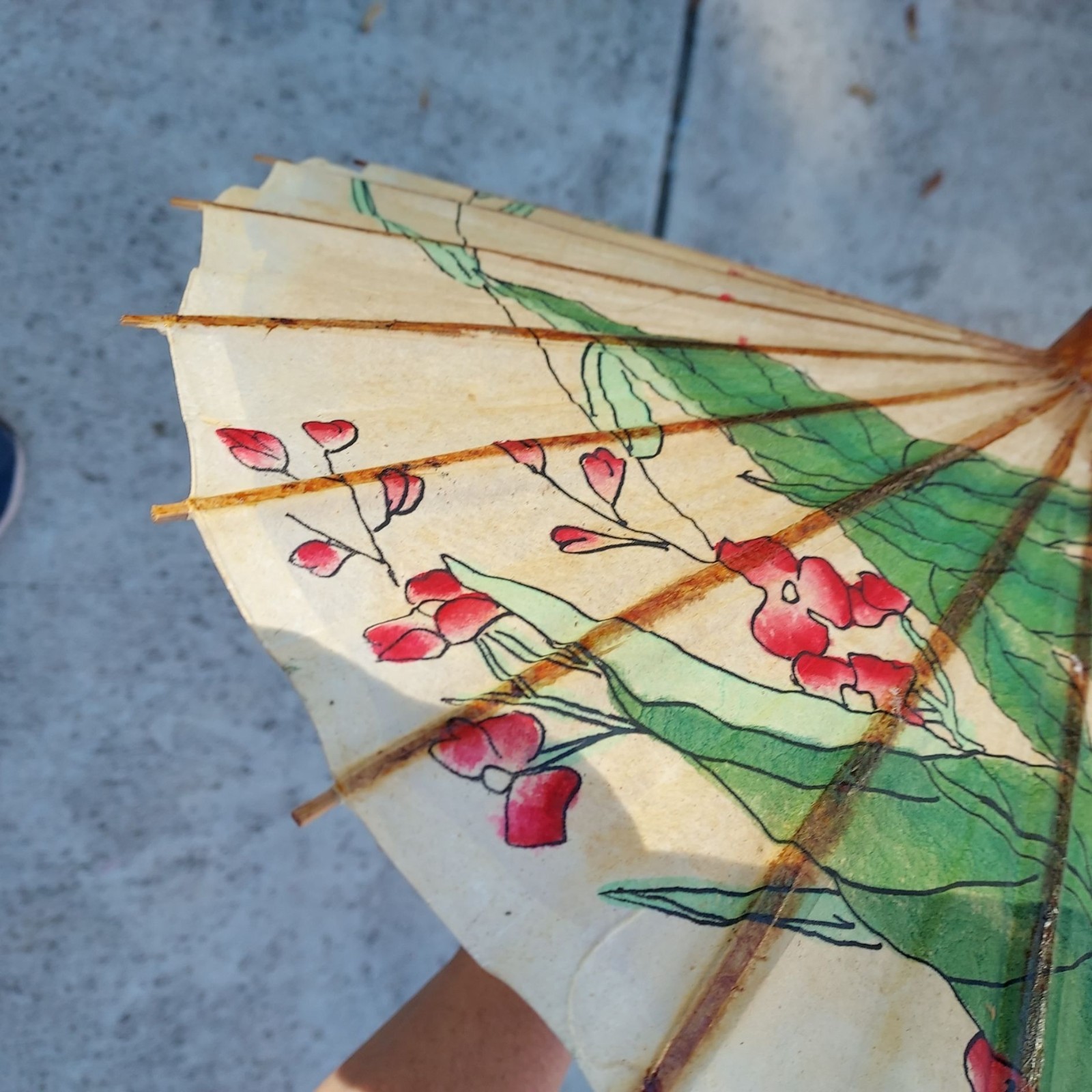 Vintage Hand-Painted Paper Parasol With Frog & Floral Design 16 inches across