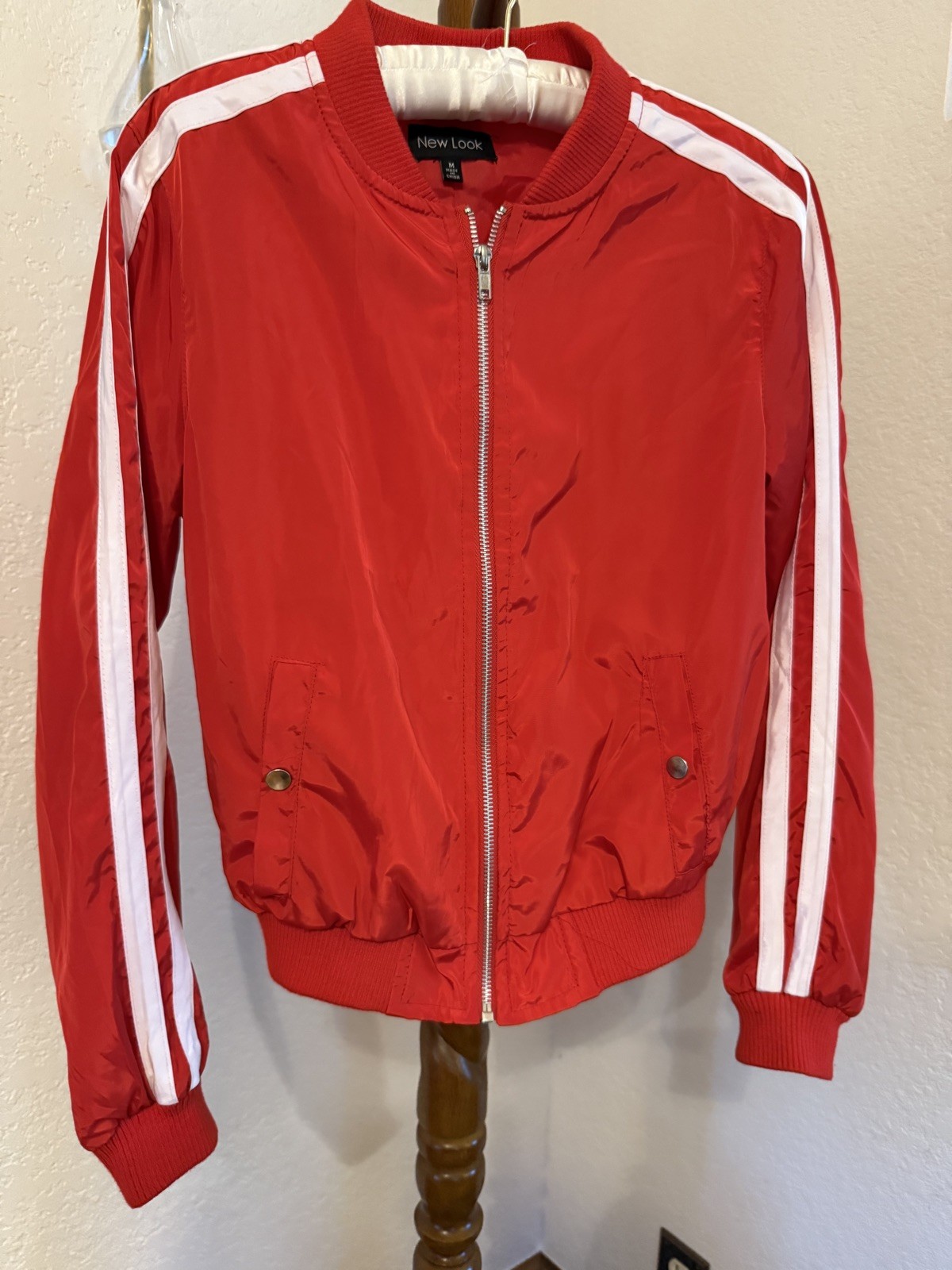 Vintage 1980s New Look Red Track Jacket White Stripes Zip Front NWOT