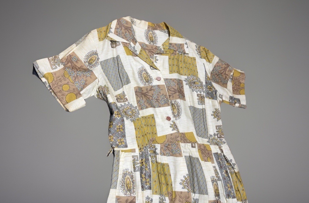 Vtg 60s Patchwork Shirtwaist Dress W/ Belt Mod Pleated Handmade M/L NOS
