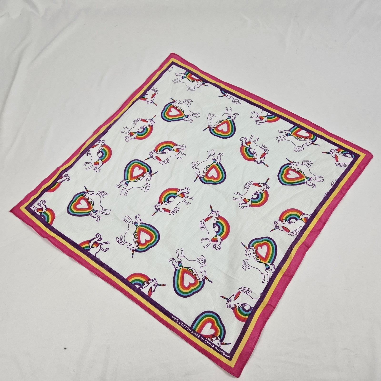 Vintage Unicorn Rainbow Bandana 100% Cotton USA Made 1980’s Scarf Handkerchief