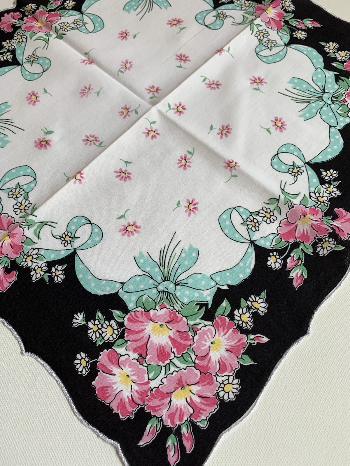 Beautiful New Black Floral Handkerchief ~ Darling Polka Dot Ribbon LuRay Hankie!