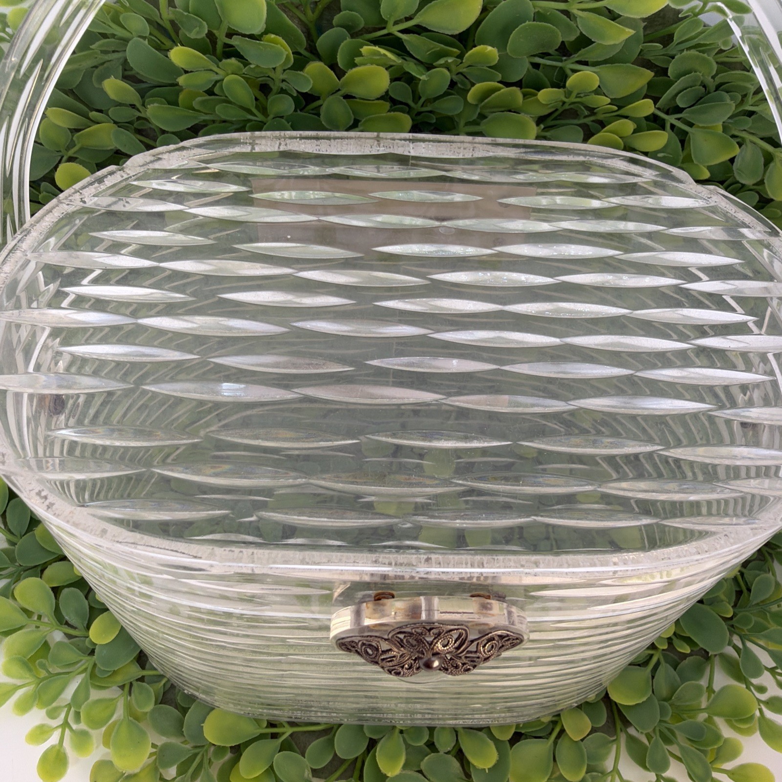 Vintage WILARDY Clear Lucite Purse Handbag With Strap Flower Handle 7″