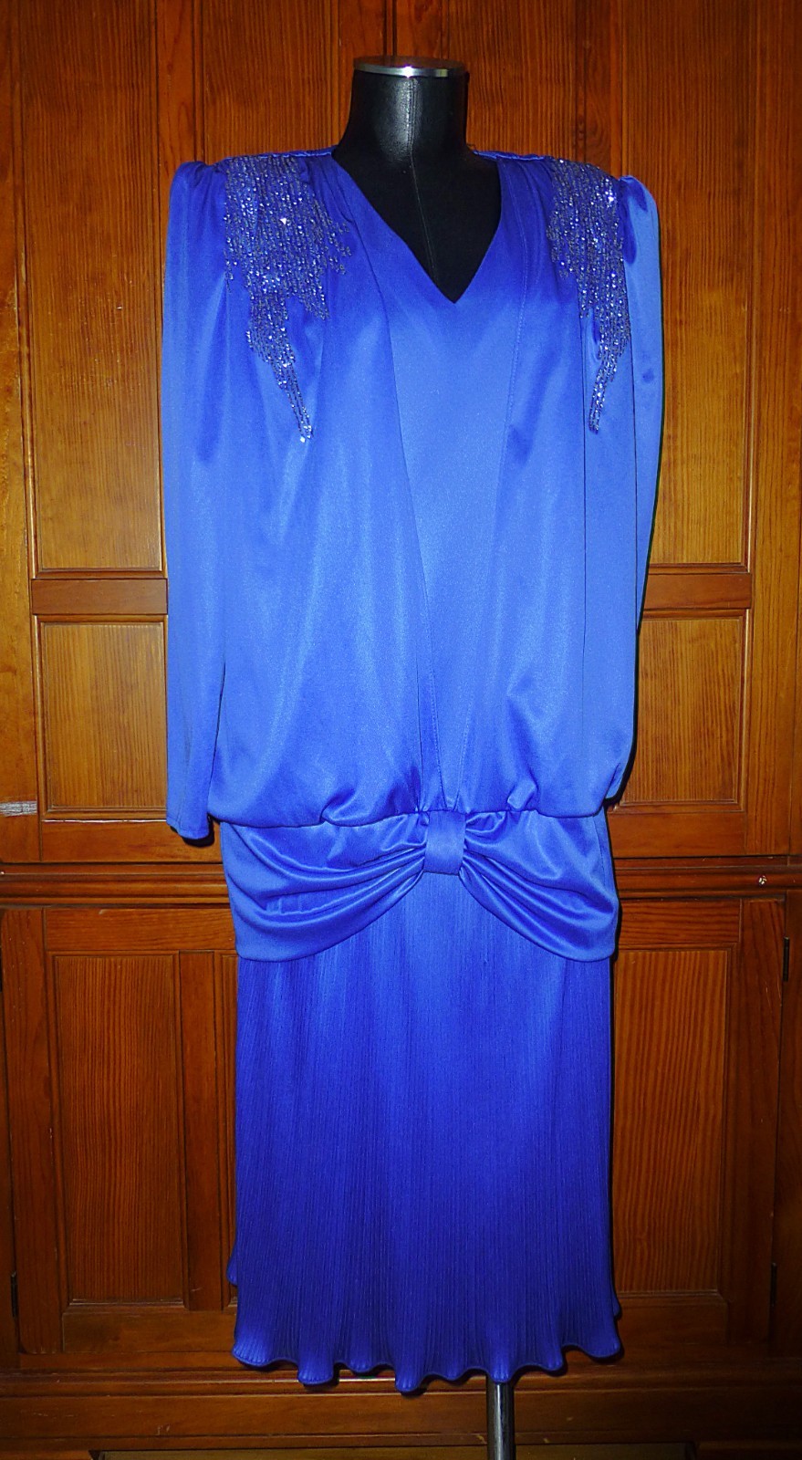 Vtg 80s Royal blue DECO silky Jersey Glitter Cocktail Gatsby party DRESS sz 12 L