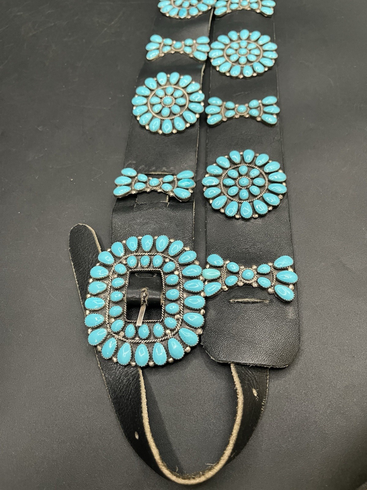Vintage Sterling Silver and Turquoise Concho Black Leather Belt Buckle Hallmark