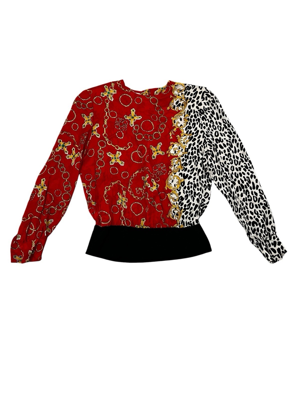 Vintage 90s Adrianna Papell 100% Silk Blouse L Red Baroque Animal Print Knit Hem