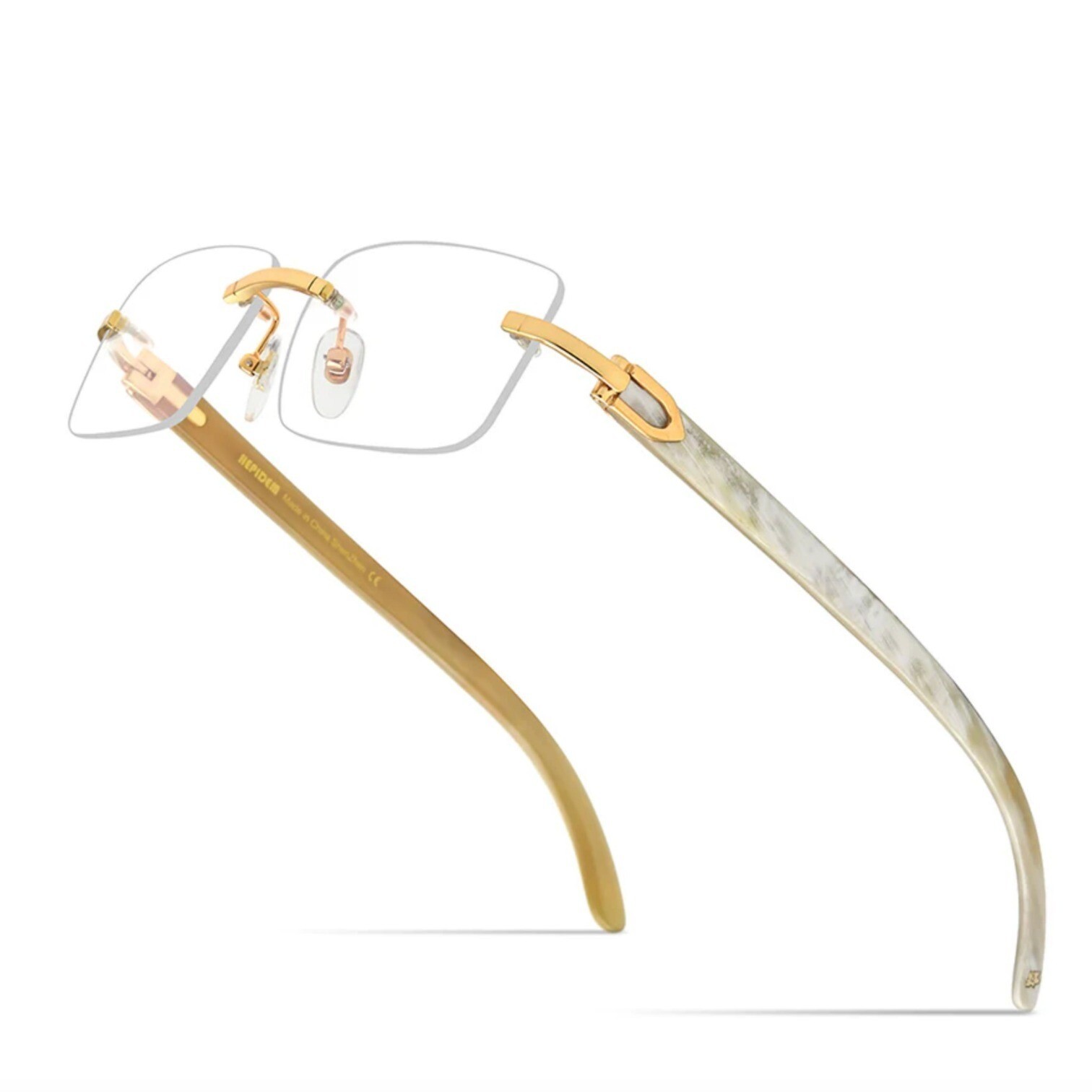 Rimless Eyeglasses Gold Clear Lens Wood Grain Arms Men’s Fashion Hip Hop Lenetes
