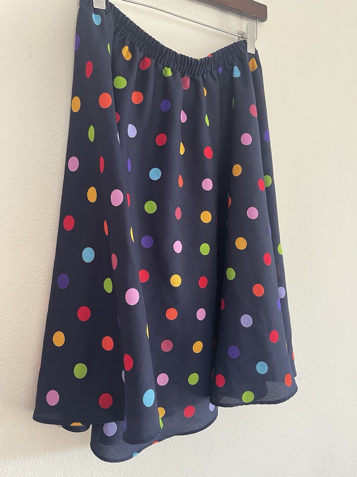 Vintage Leslie Fay A-Line Skirt Size 8 Petite. Elastic Waist, Midi Polka Dots