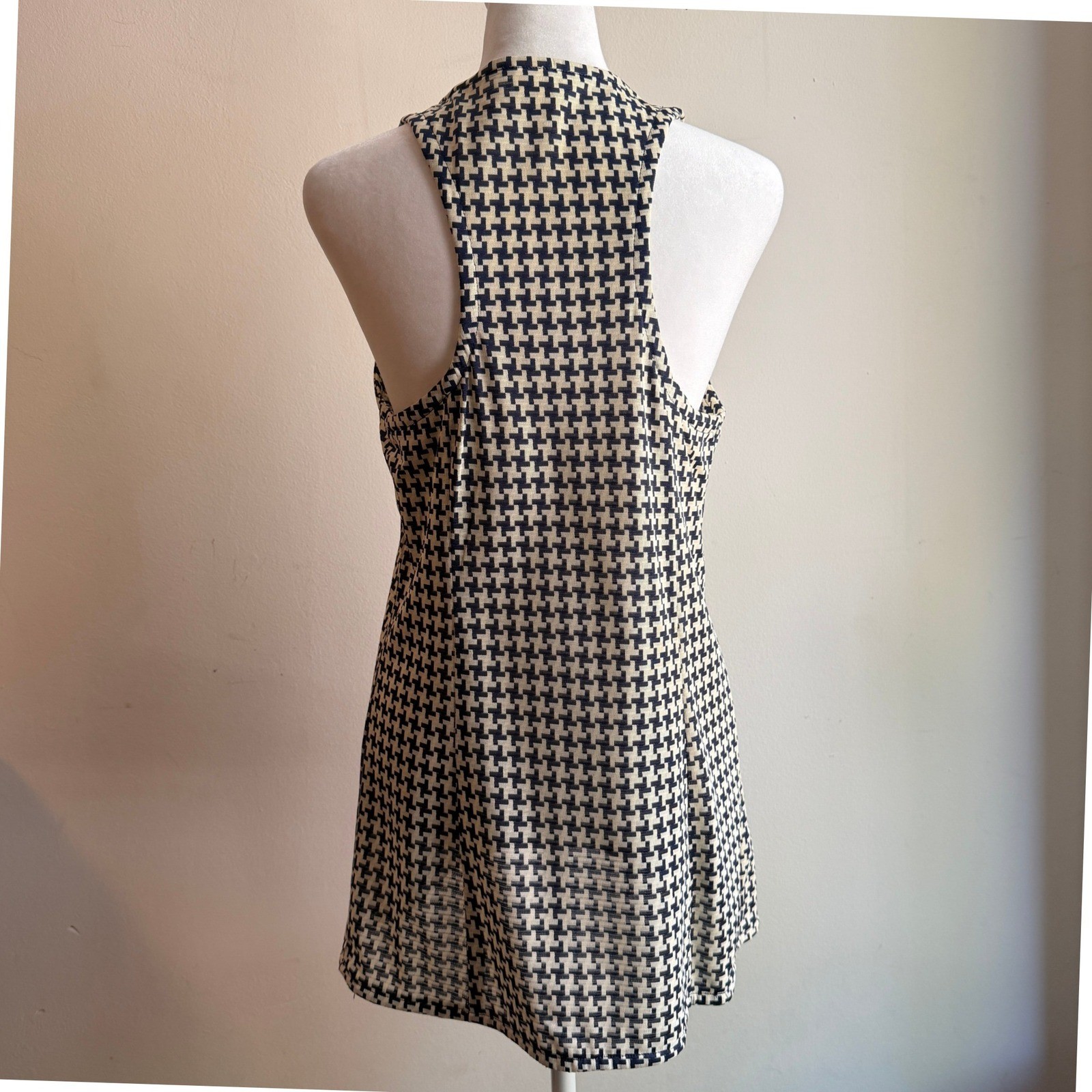 Vintage 70s ILGWU Houndstooth Longline Open Front Vest Navy Cream Size 6