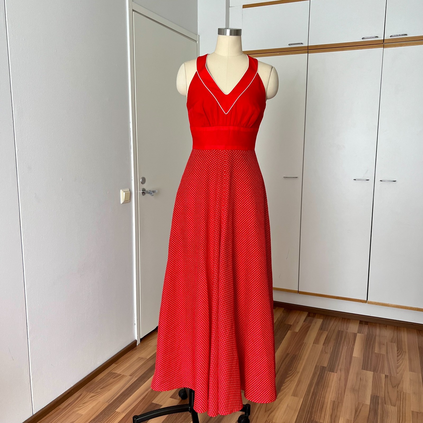 1970s YVETTE Red Polka Dot Maxi Dress V Neck Aline French Vintage Romantic Retro