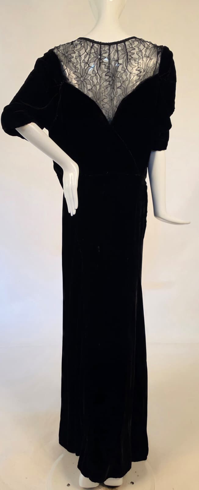 LATE 1930’S SILK VELVET LONG DRESS W LACE BACK – AS ACQUIRED
