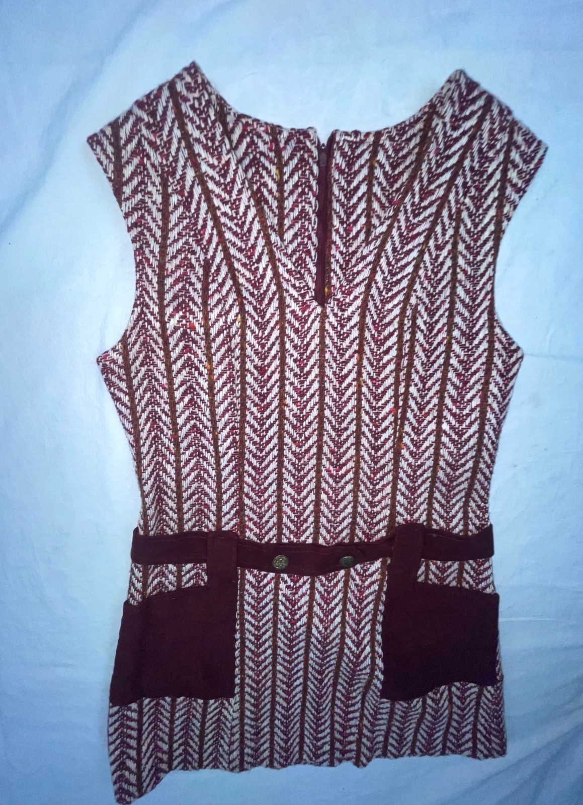 VTG 60S 70S WOMENS RED WOOL KNIT DISCO RETRO HIPPY STRIPE SLEEVELESS DRESS