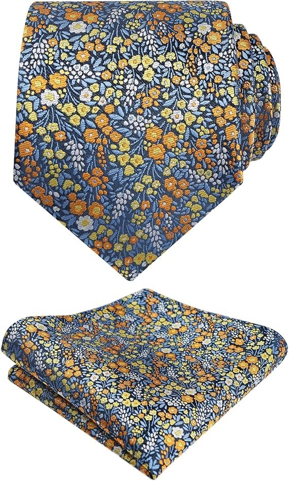 Mens 3.15inches Floral Tie with Flower Printed C142-blue/ Orange/ Yellow