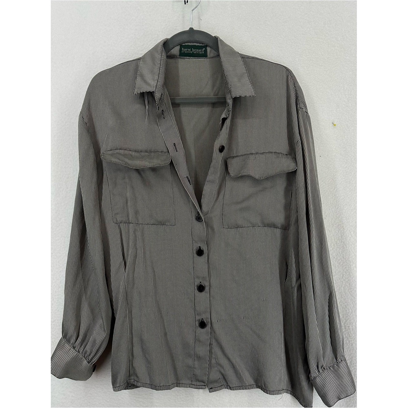 Vintage Harvé Benard Black White Pinstripe Button Front Blouse Soft XL