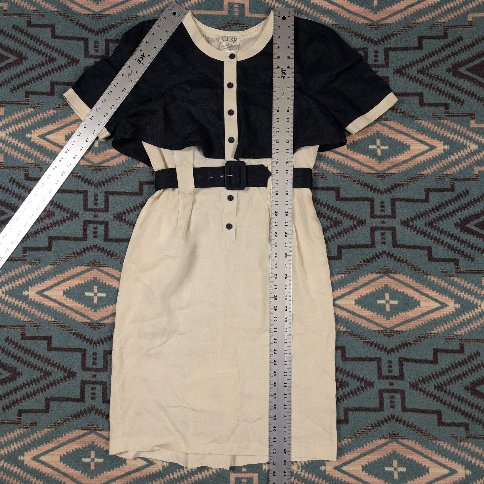 Vintage 80s Size 10 Joanie Char Navy Sailor L Cotton Linen Midi Dress Cream Blue