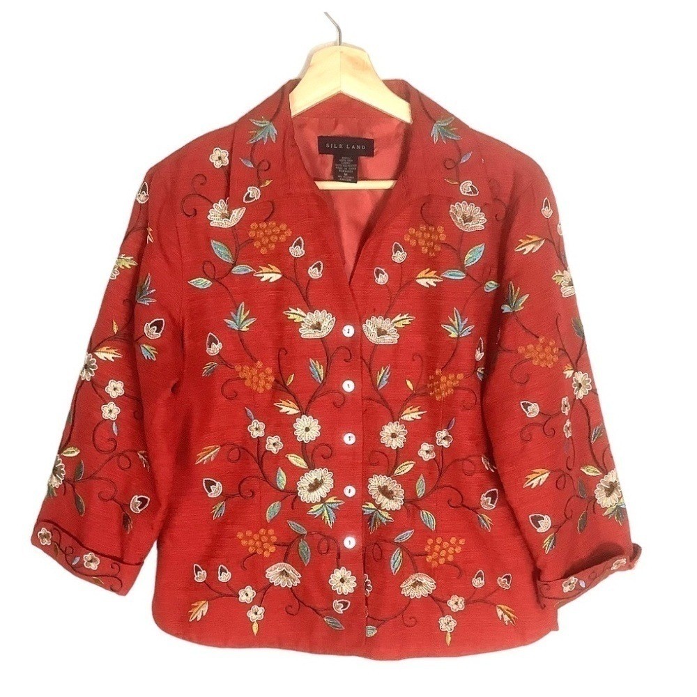Silk Land Vintage Red Floral Silk Blazer Medium