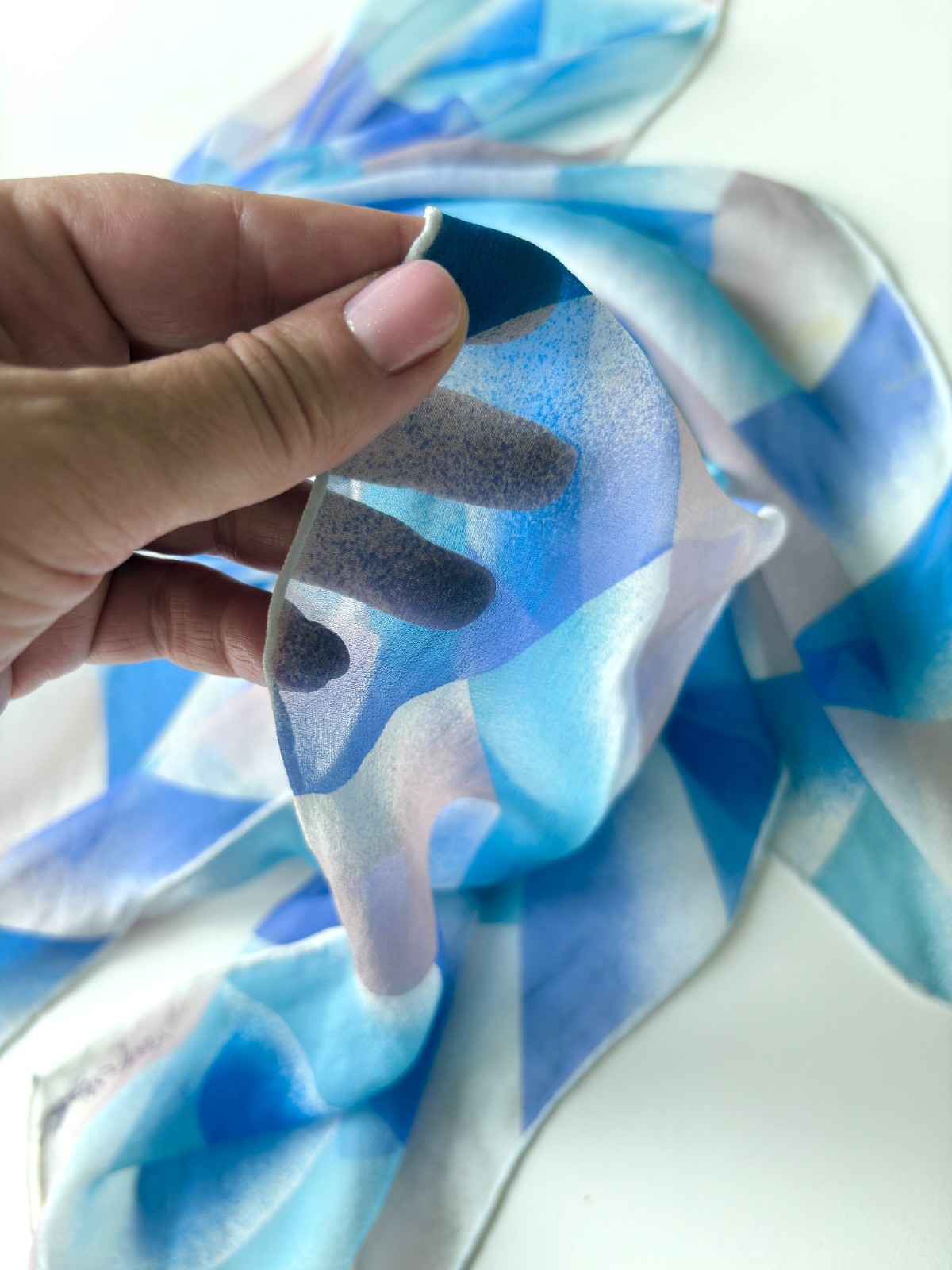 Fisba Stoffels Silk Scarf Blue Geometric Abstract Print Vintage Hand Rolled, 40