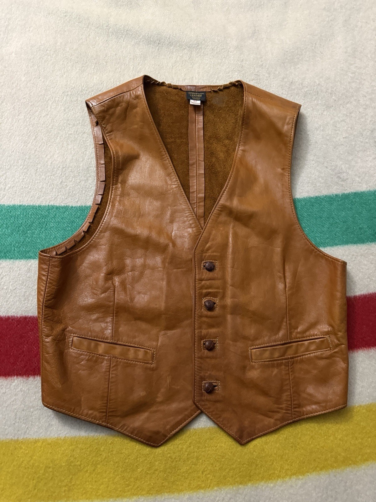 Vintage 60s 70s Champlain Leather Hippie Vest Burlington Vermont East West Small