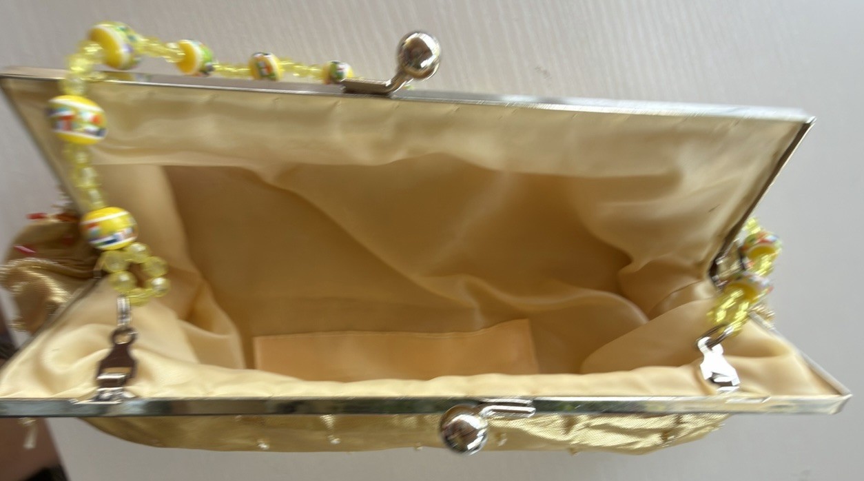 Vintage Beaded Floral Sequin Clutch Evening Bag Gold Handbag Kiss Lock Strap