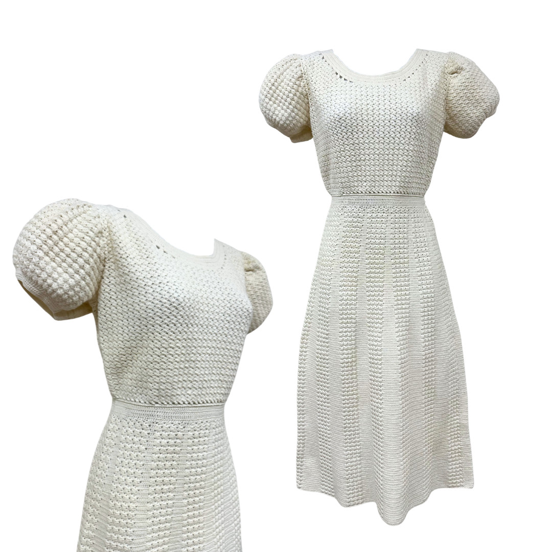Vintage 1930s Ivory Hand Crochet Puff Sleeve Fit & Flare Dress
