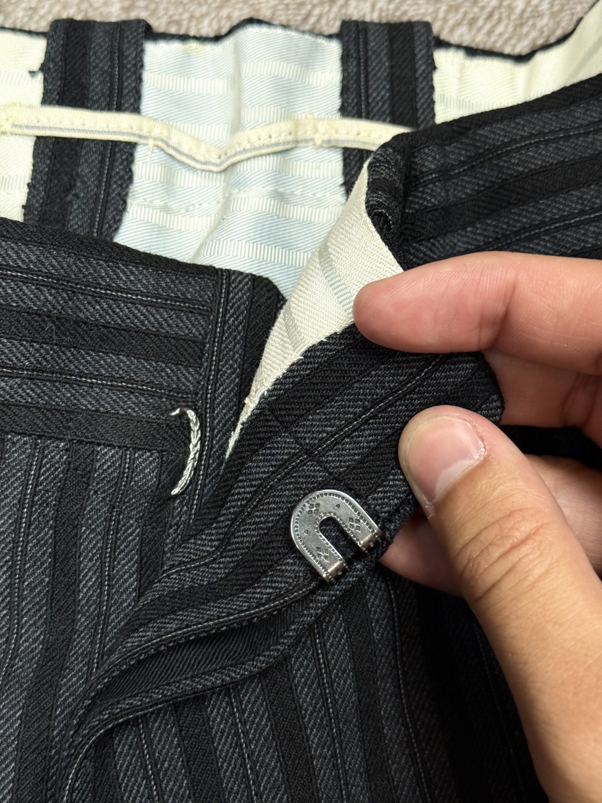 Vintage 1950’s European Morning Fishtail Suspender Buckle Stripped Trouser Pants