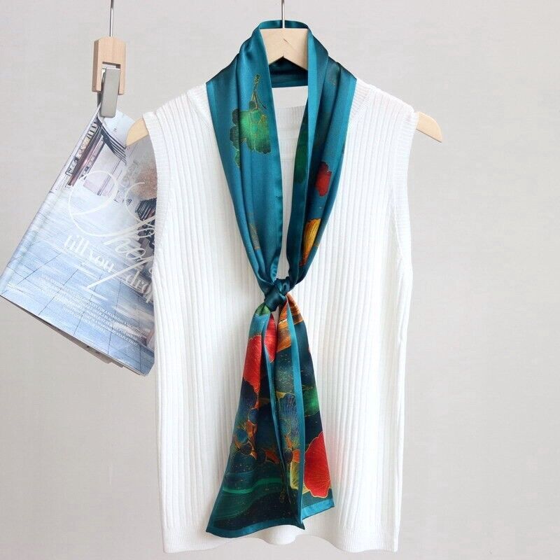 100% Mulberry Silk Shawl Leaves Print Double Layer Neck Oblong Scarf Turquoise