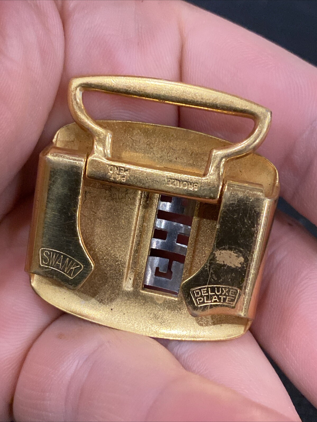 Vtg Art Deco Swank deluxe gold plate retro belt buckle Hammered Bronze GHP Mono