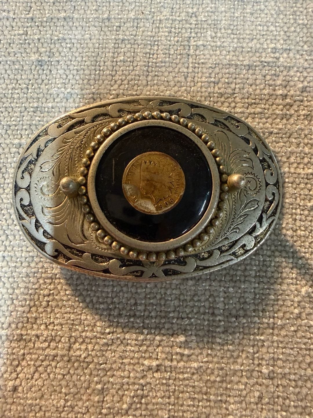 Vintage Western Belt Buckle with 1906 Indian Head Penny Acrylic Insert