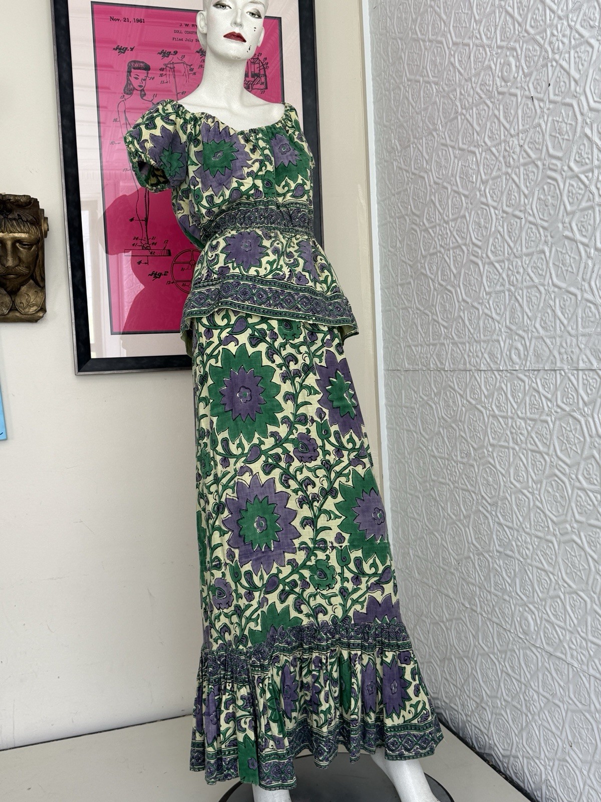 Vintage Dress set-Off shoulder top/maxi skirt block print floral purple yellow