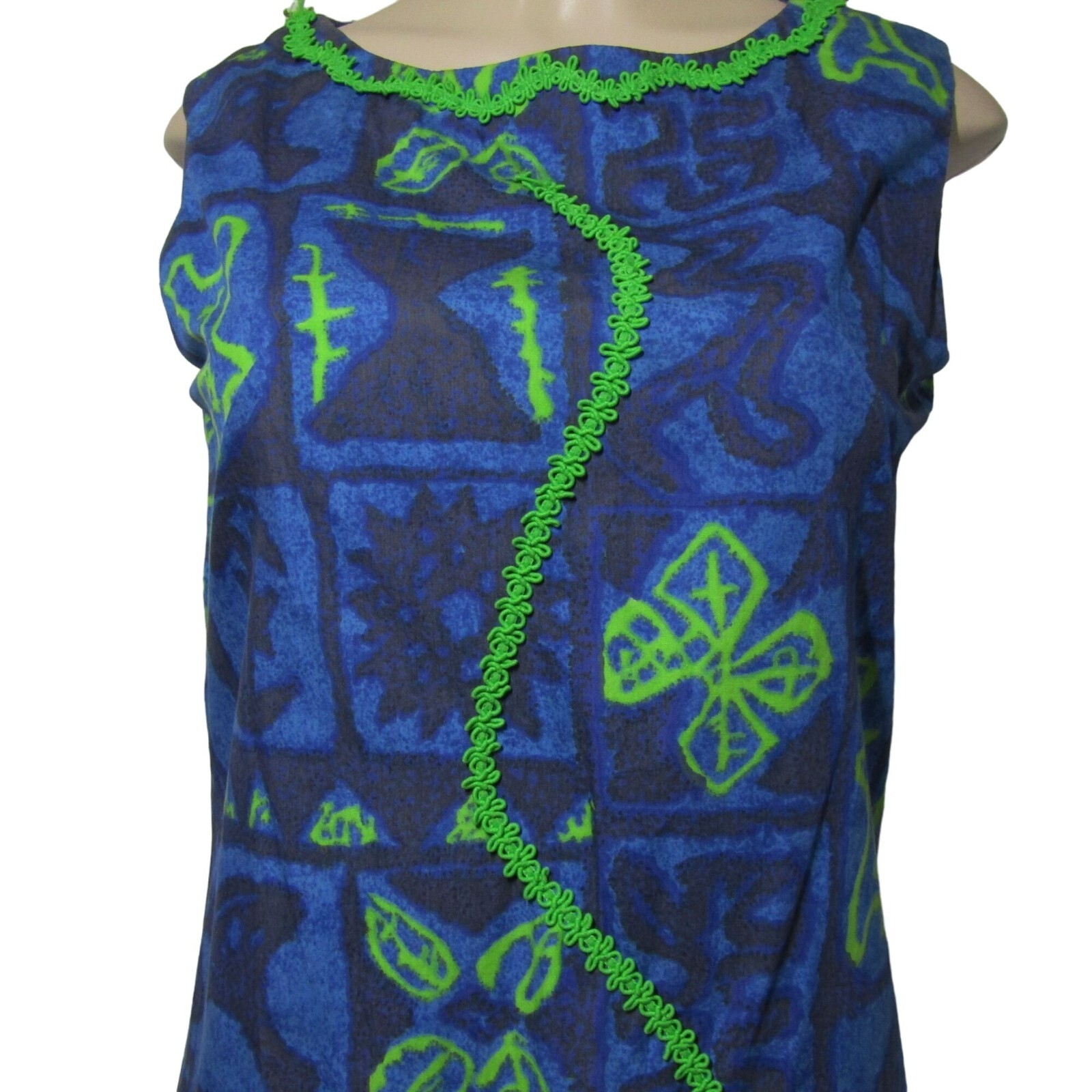 VTG 70s Hawaiian M L Tiki Polynesian Boho Retro Mod Luau Blue Maxi Hostess Dress